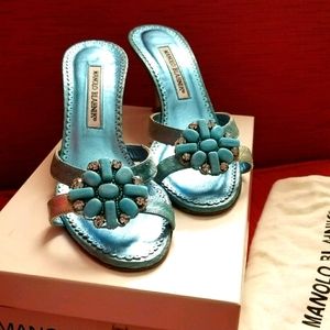 Manolo Blahnik Blue Mules with Floral Embellishment